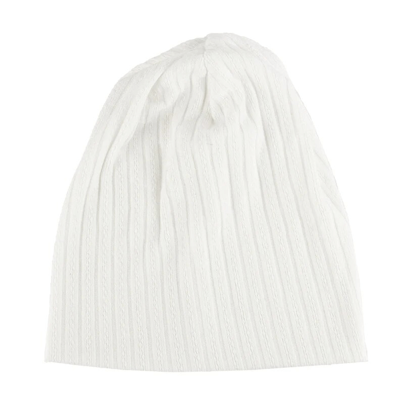 Stylish women's decorative pattern striped white beanie made of soft cotton and polyester, perfect for casual wear.